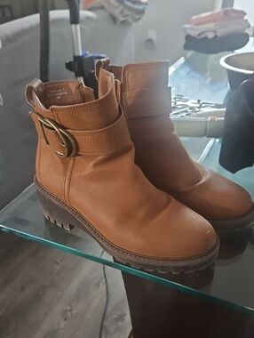 BAMBOO Tan Brown Ankle Boots with Buckle Accent